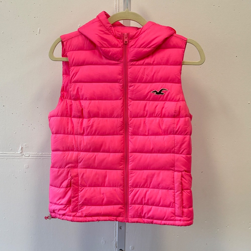 Hollister Neon Pink Hooded Puffer Vest‎ Women's Medium Full Zip Quilted Casual